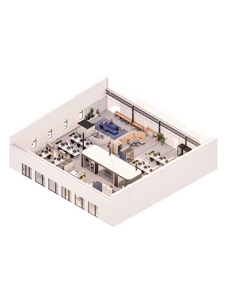 3D-visualisatie toont het ontwerp en de indeling van een slimme kantoorinrichting